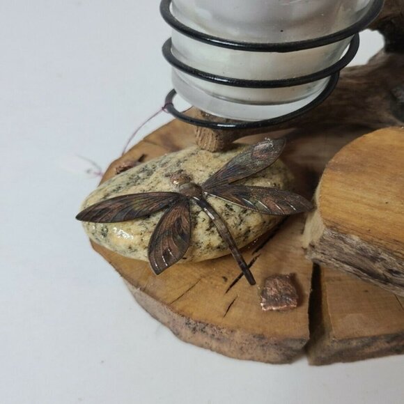 Hand Made Wood Slice Metal and Stone Candle Holder - Picture 4 of 11